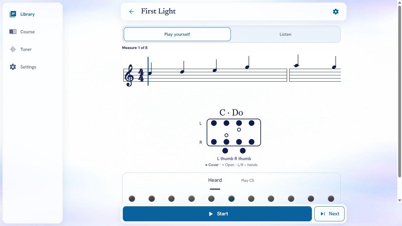 Ocarina Player connecting a musical staff, solfege and finger positions