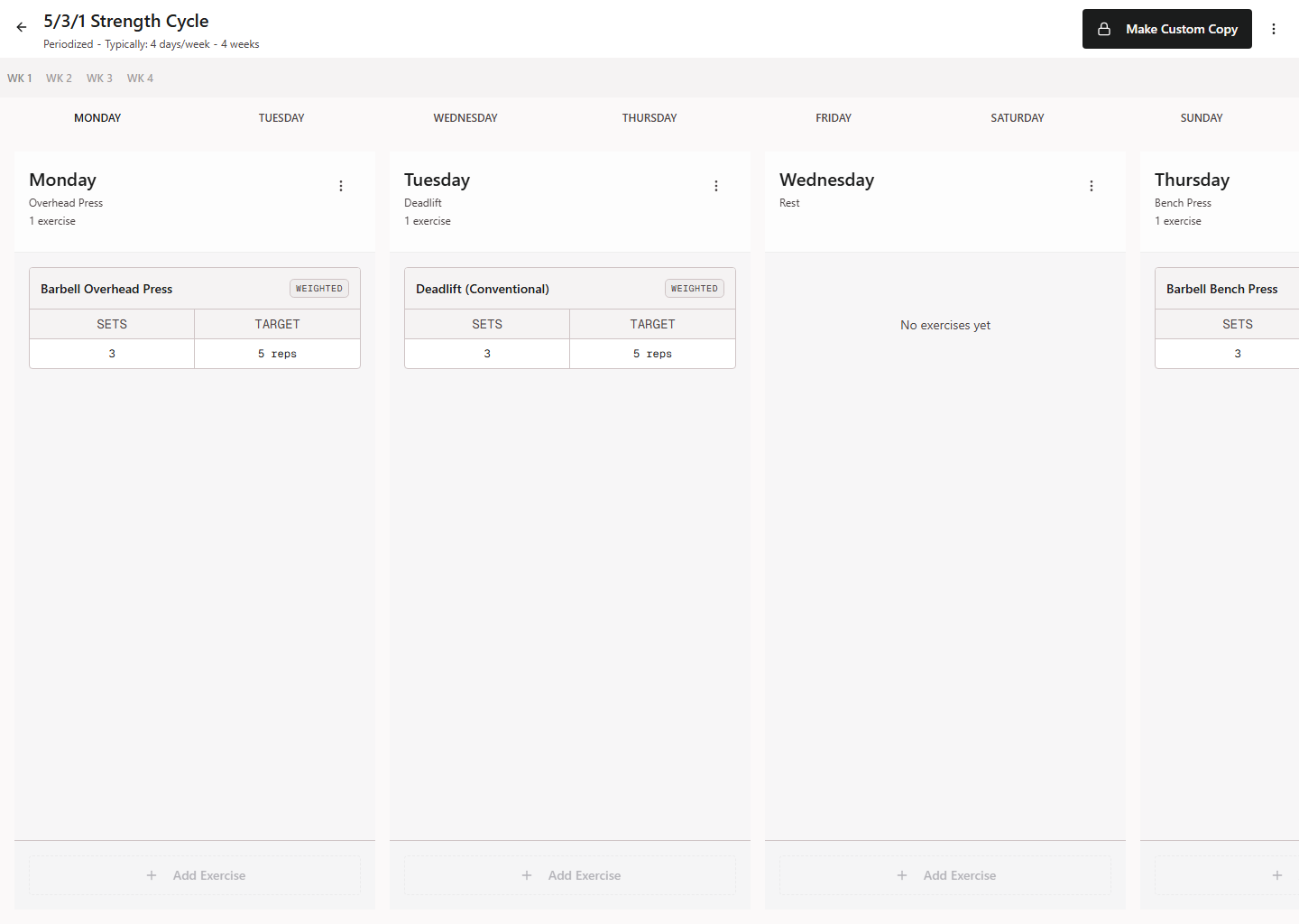 Protocol routine builder showing a four-week strength program