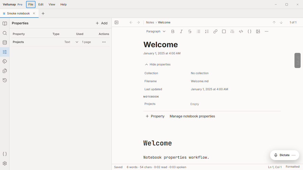 Vellumap notebook with page properties and local writing tools